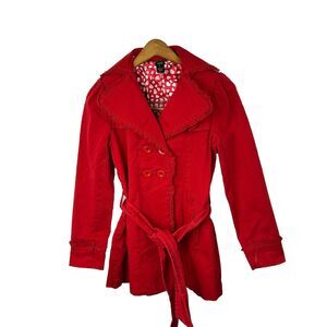 Aziz Womens Red Double-Breasted Belted Jacket w/ Ruffle Details Heart Lining S